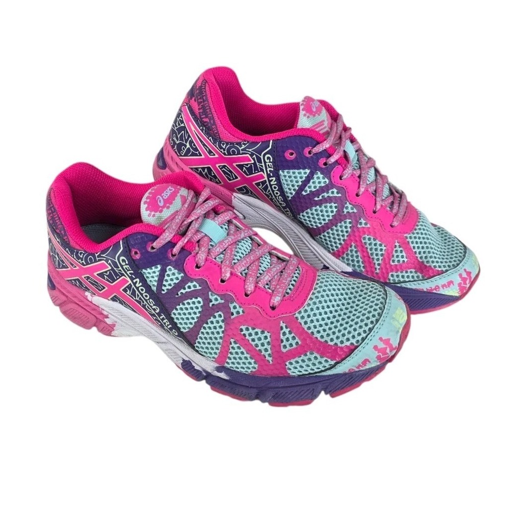Asics Gel Noosa Tri 9 Running Shoes Womens 5 Pink Green Mesh Upper Gym C401Q